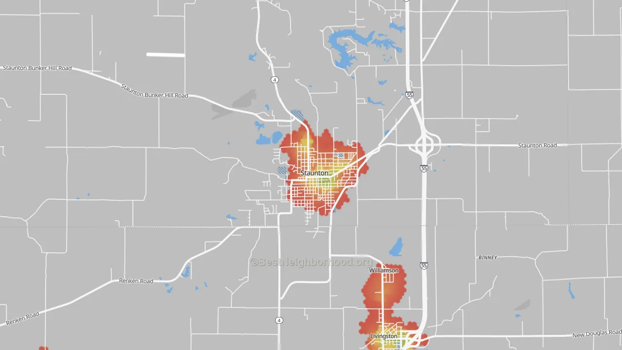 Walk Grade map of 62088, IL, walkable areas in green and car-dependent areas in red