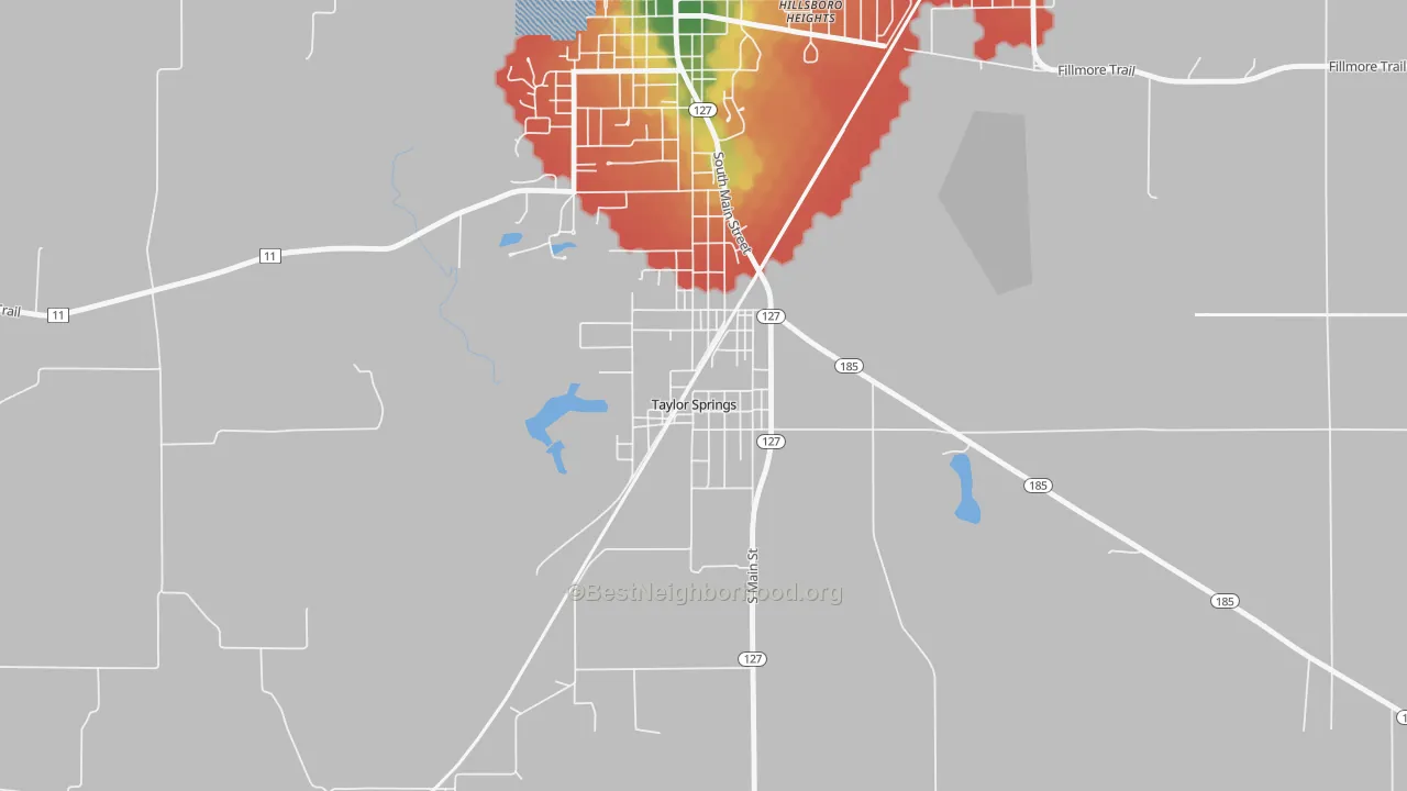 Walk Grade map of 62089, IL, walkable areas in green and car-dependent areas in red