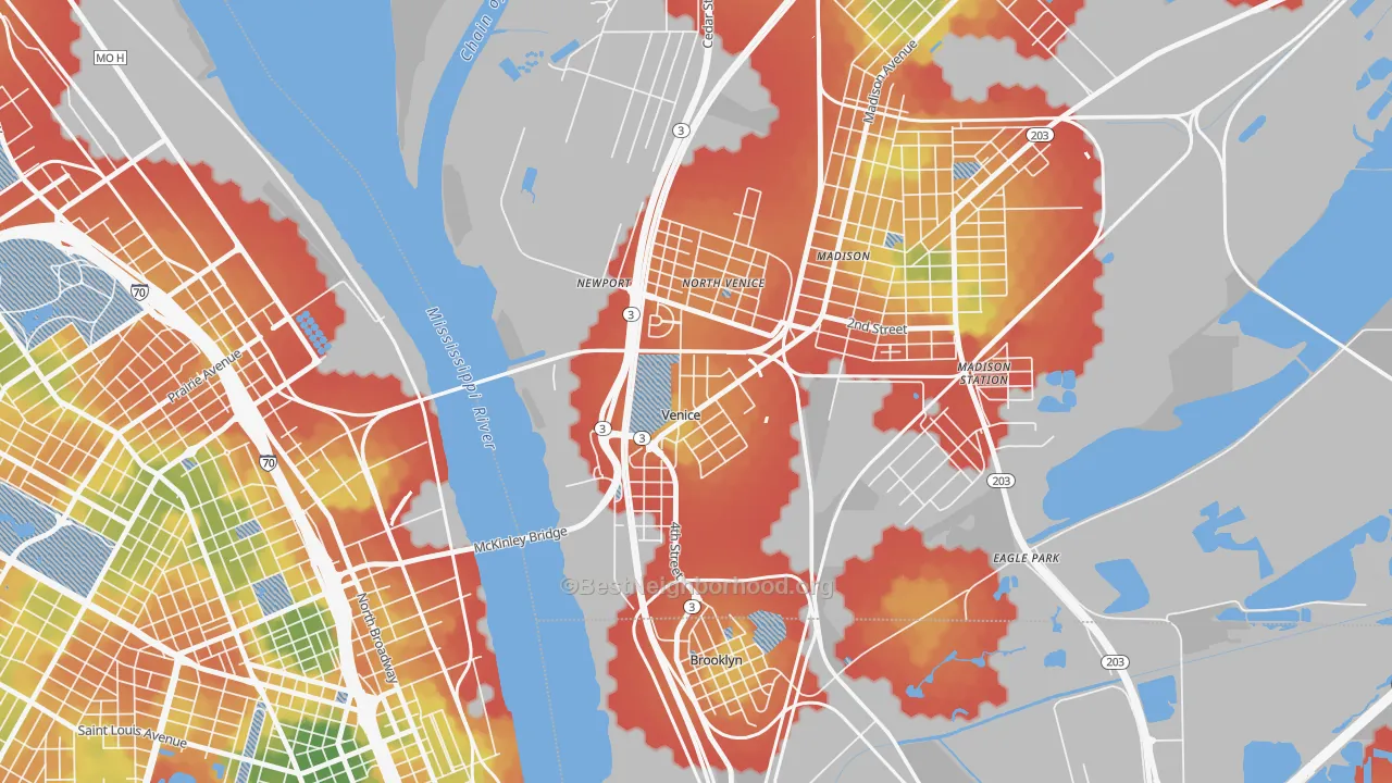 Walk Grade map of 62090, IL, walkable areas in green and car-dependent areas in red