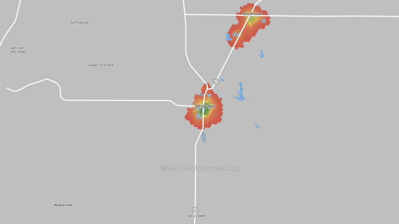 Walk Grade map of 62092, IL, walkable areas in green and car-dependent areas in red
