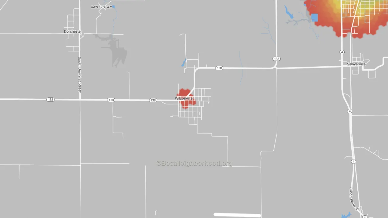 Walk Grade map of 62093, IL, walkable areas in green and car-dependent areas in red