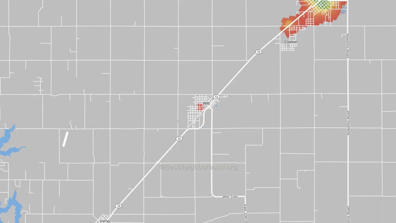 Walk Grade map of 62094, IL, walkable areas in green and car-dependent areas in red