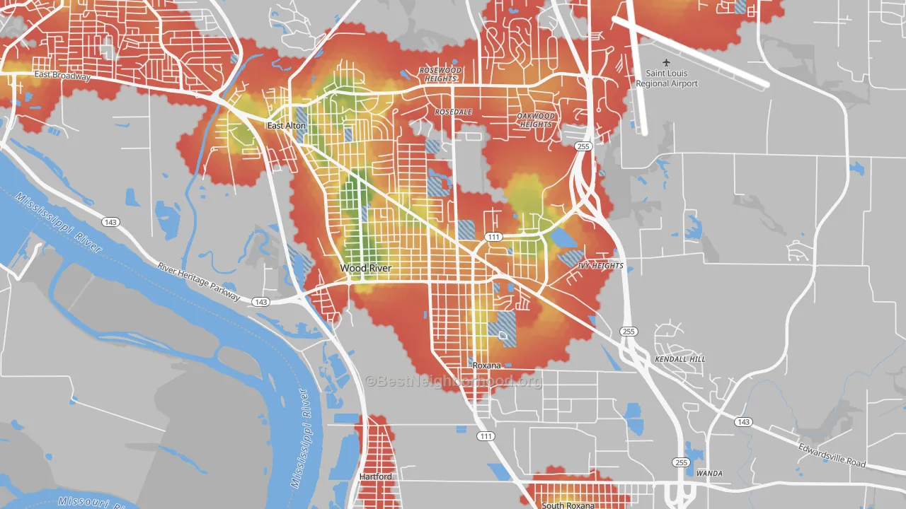 Walk Grade map of 62095, IL, walkable areas in green and car-dependent areas in red