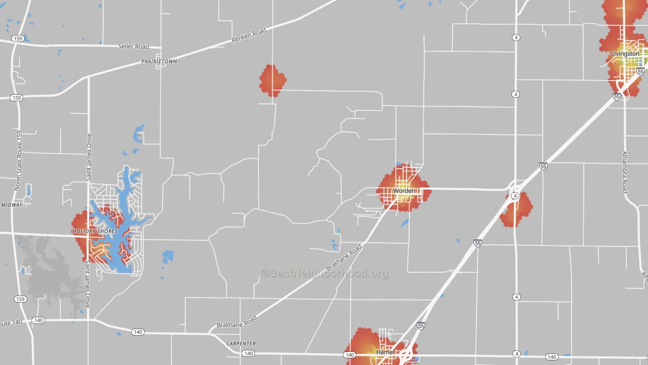 Walk Grade map of 62097, IL, walkable areas in green and car-dependent areas in red