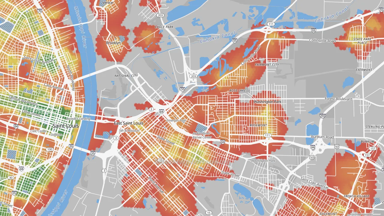 Walk Grade map of 62201, IL, walkable areas in green and car-dependent areas in red