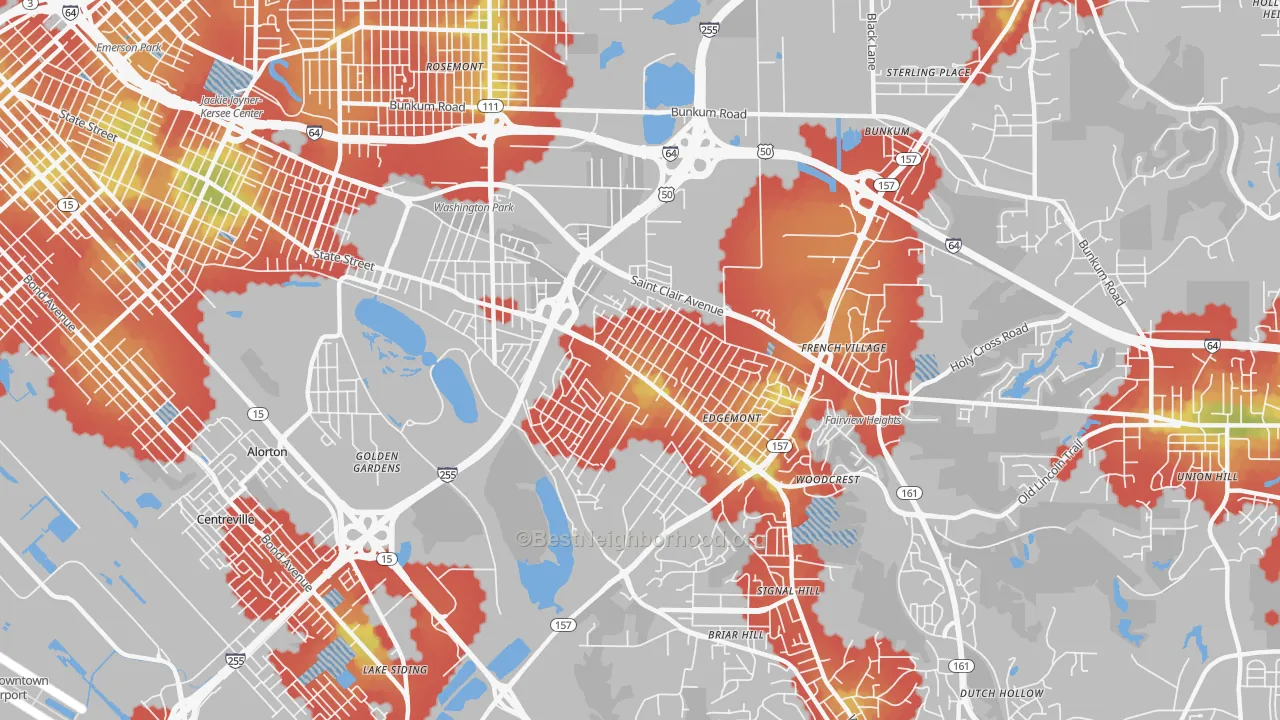Walk Grade map of 62203, IL, walkable areas in green and car-dependent areas in red