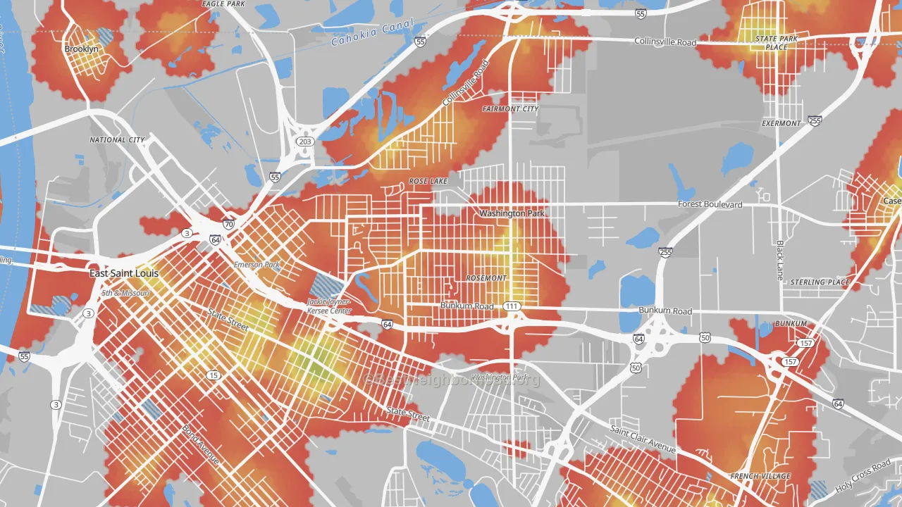 Walk Grade map of 62204, IL, walkable areas in green and car-dependent areas in red
