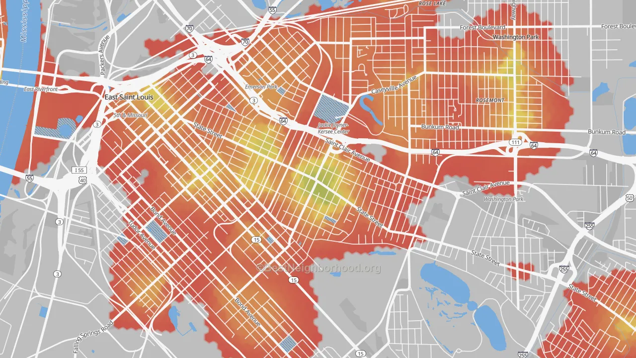 Walk Grade map of 62205, IL, walkable areas in green and car-dependent areas in red