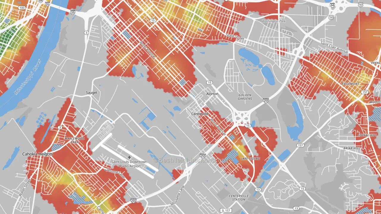 Walk Grade map of 62207, IL, walkable areas in green and car-dependent areas in red