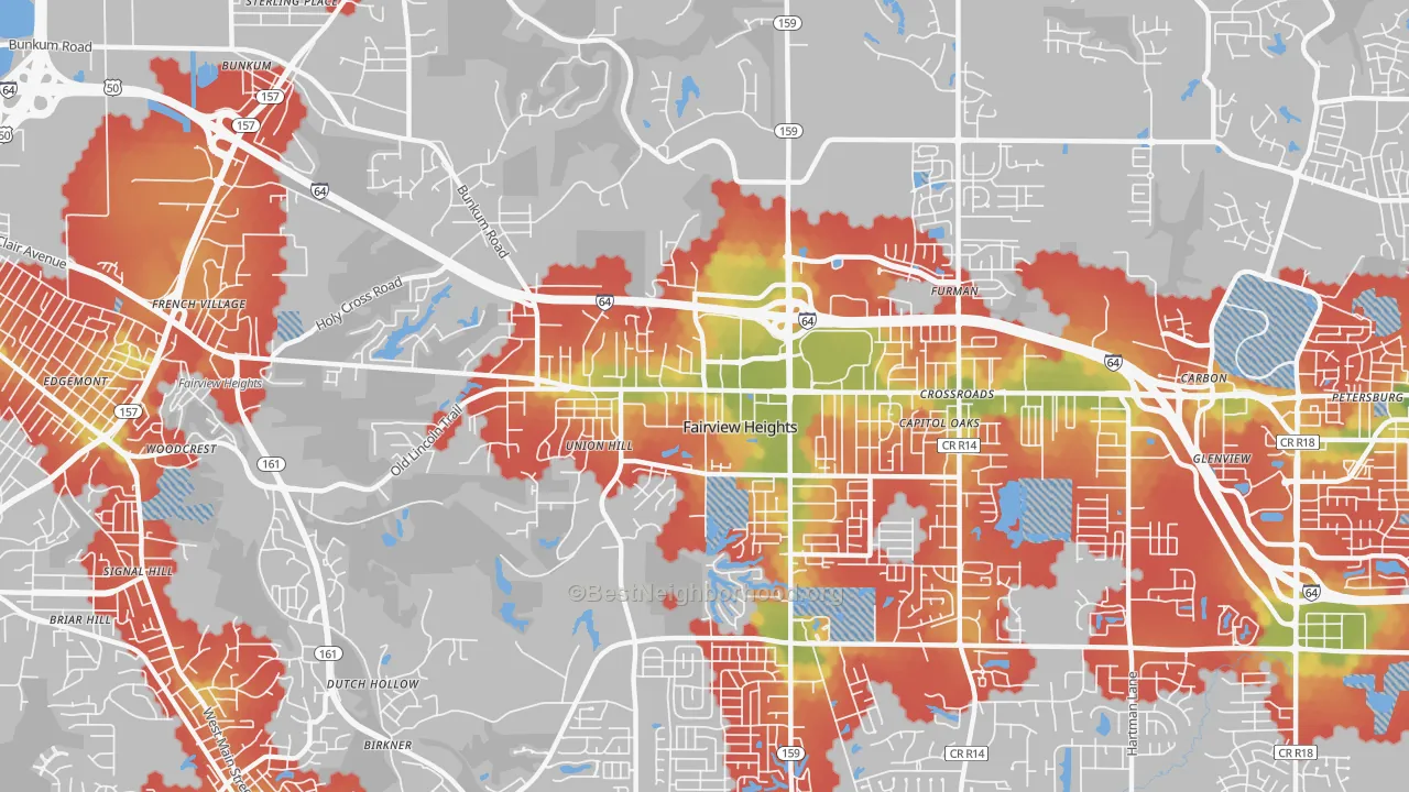 Walk Grade map of 62208, IL, walkable areas in green and car-dependent areas in red