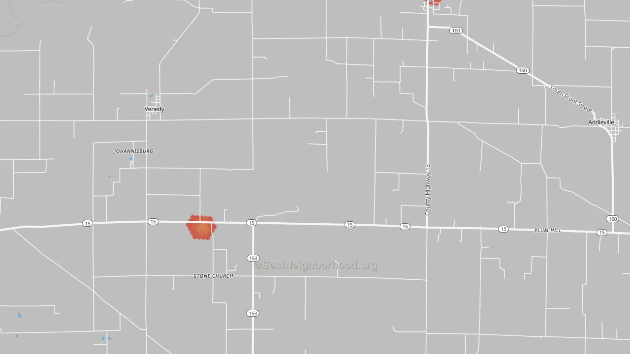 Walk Grade map of 62214, IL, walkable areas in green and car-dependent areas in red