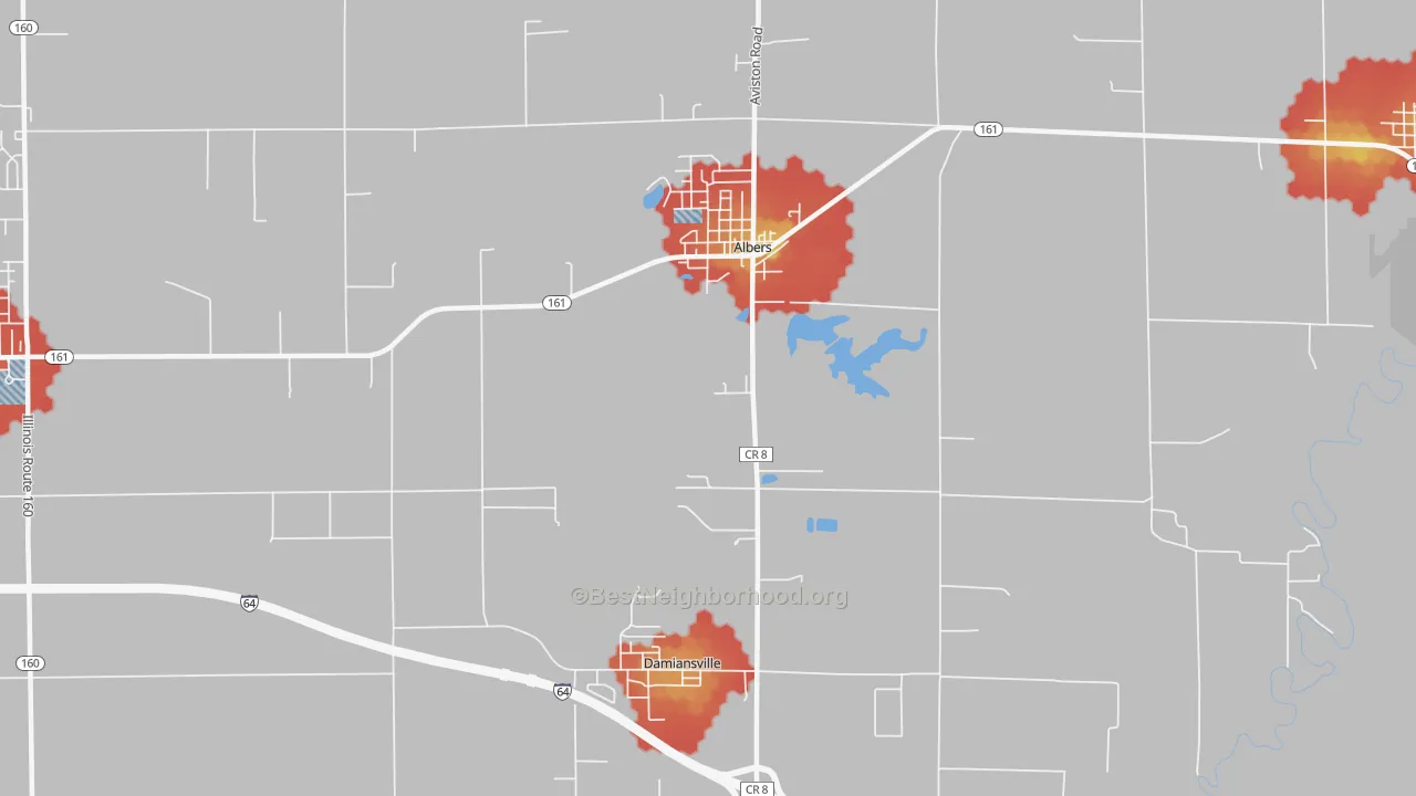 Walk Grade map of 62215, IL, walkable areas in green and car-dependent areas in red
