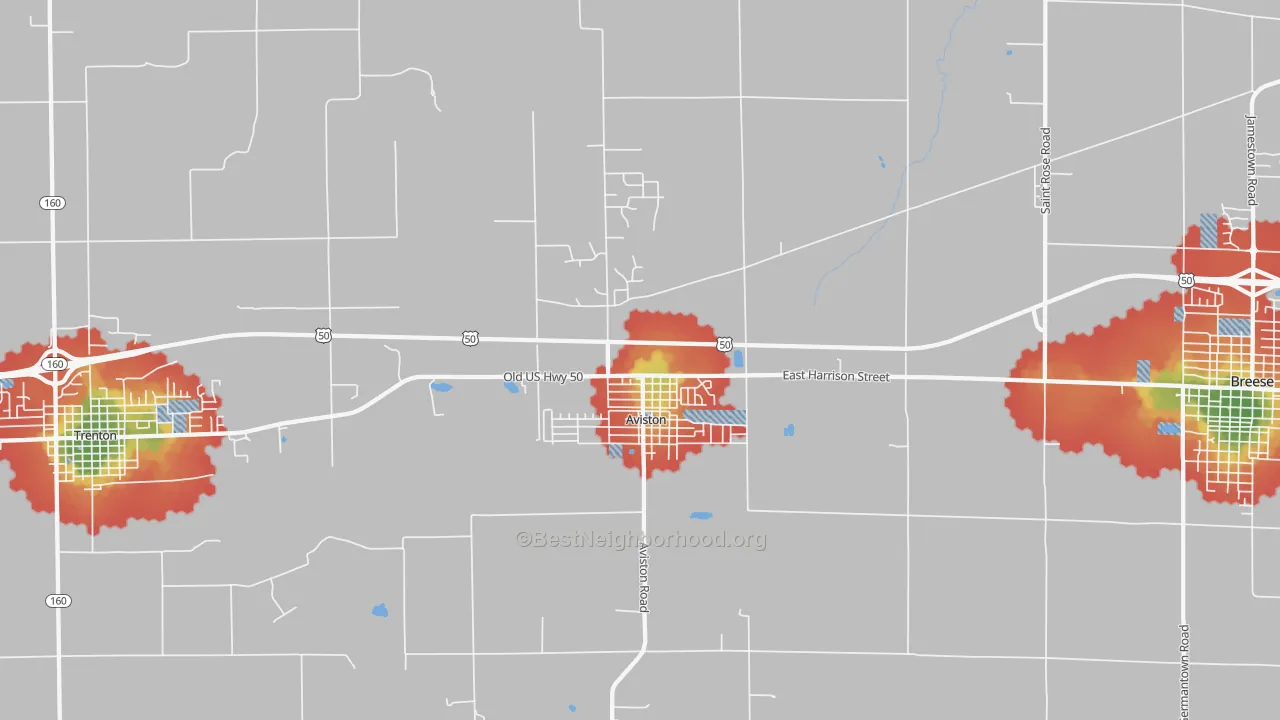 Walk Grade map of 62216, IL, walkable areas in green and car-dependent areas in red