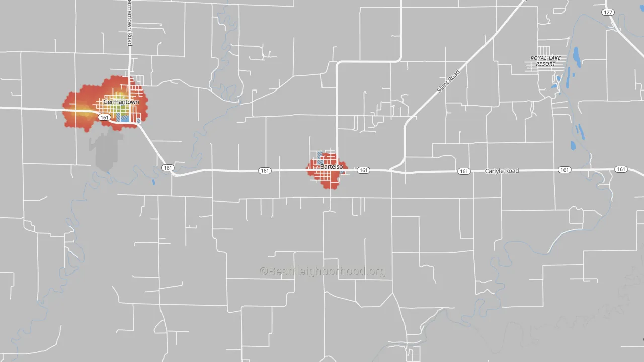 Walk Grade map of 62218, IL, walkable areas in green and car-dependent areas in red