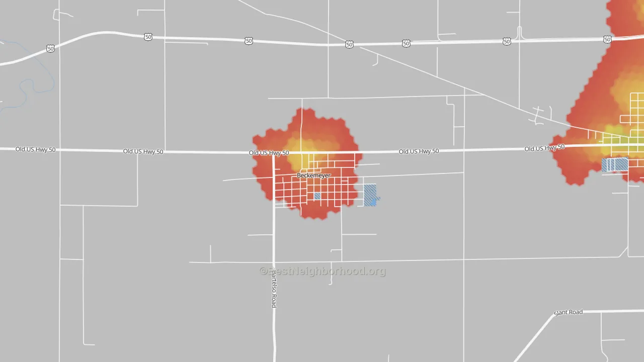Walk Grade map of 62219, IL, walkable areas in green and car-dependent areas in red