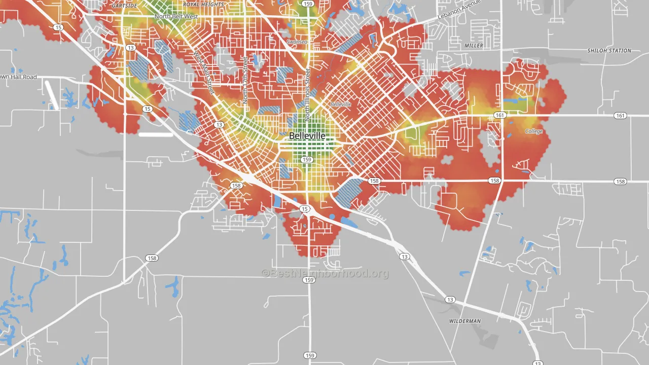 Walk Grade map of 62220, IL, walkable areas in green and car-dependent areas in red