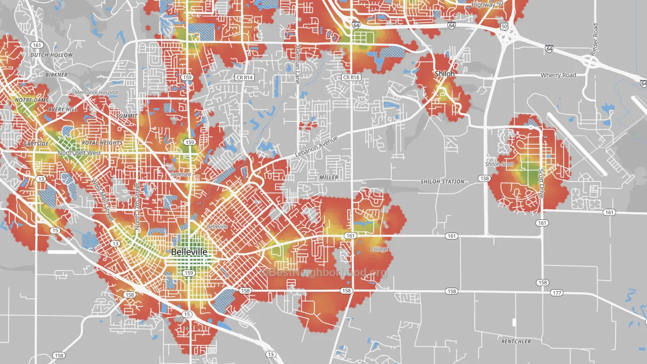 Walk Grade map of 62221, IL, walkable areas in green and car-dependent areas in red