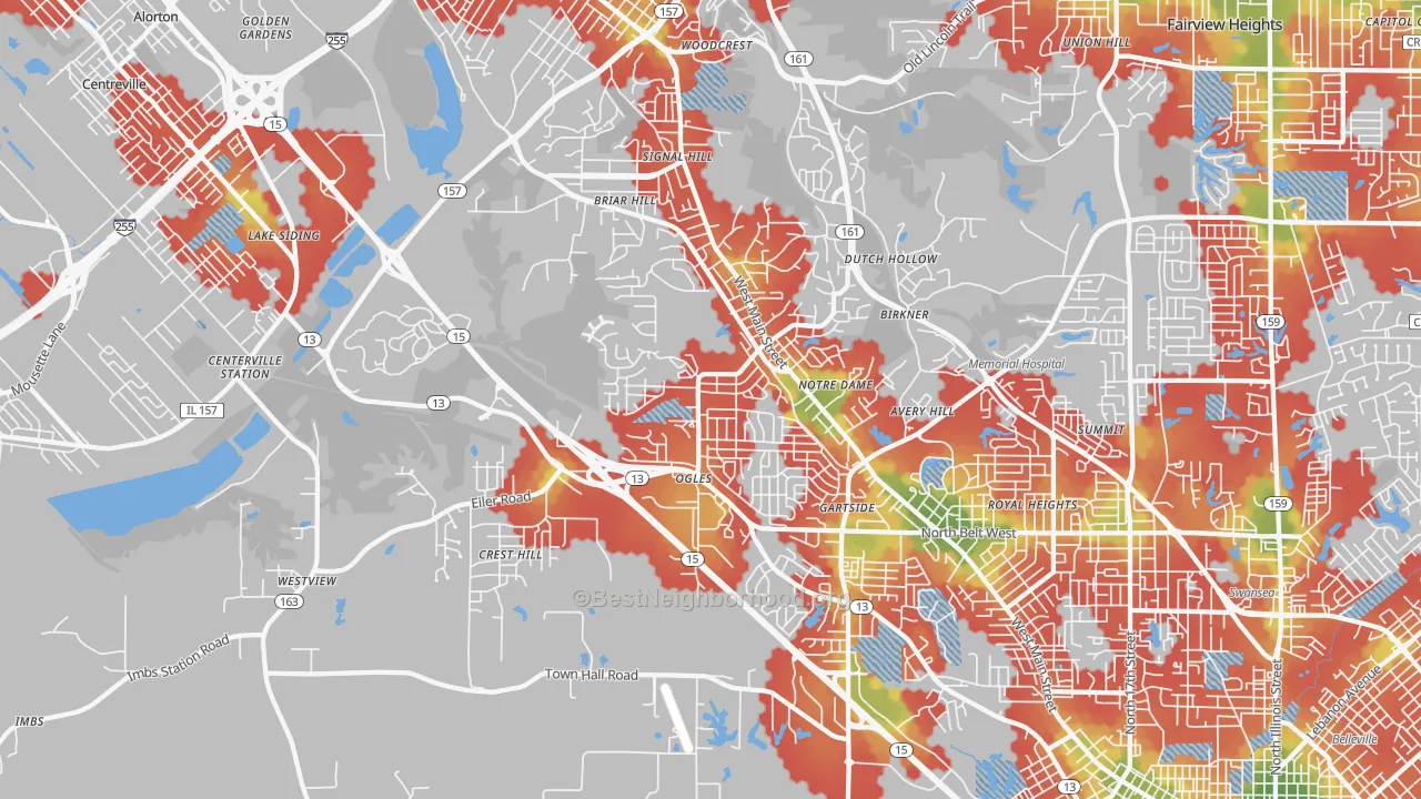 Walk Grade map of 62223, IL, walkable areas in green and car-dependent areas in red