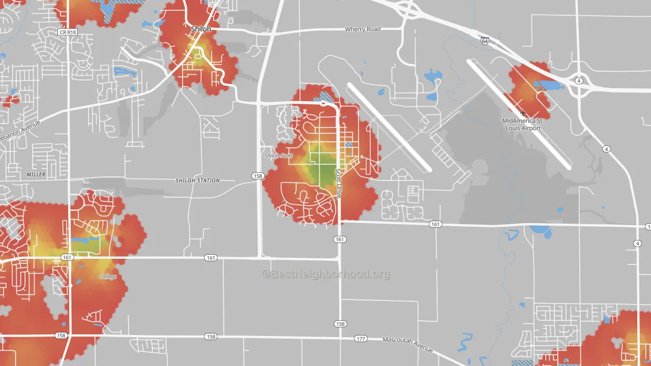 Walk Grade map of 62225, IL, walkable areas in green and car-dependent areas in red