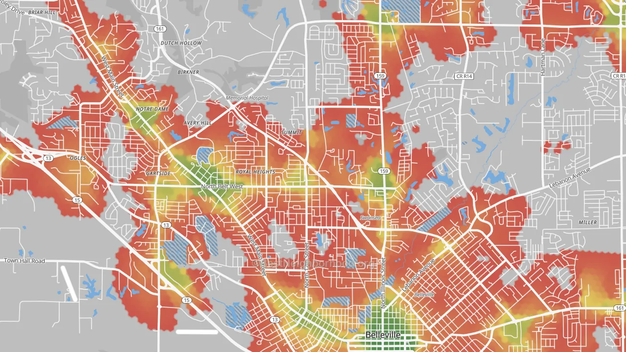 Walk Grade map of 62226, IL, walkable areas in green and car-dependent areas in red