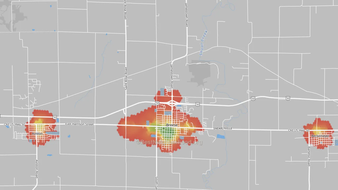 Walk Grade map of 62230, IL, walkable areas in green and car-dependent areas in red
