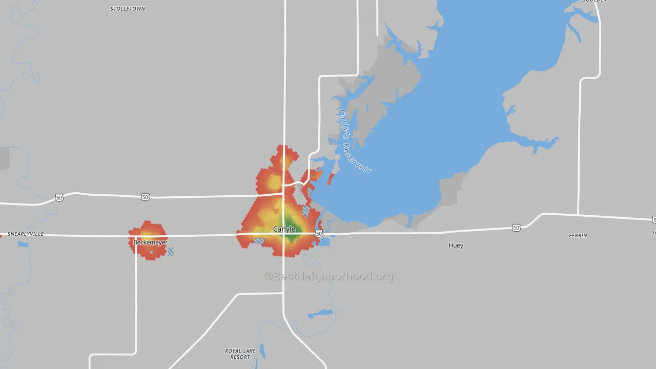 Walk Grade map of 62231, IL, walkable areas in green and car-dependent areas in red