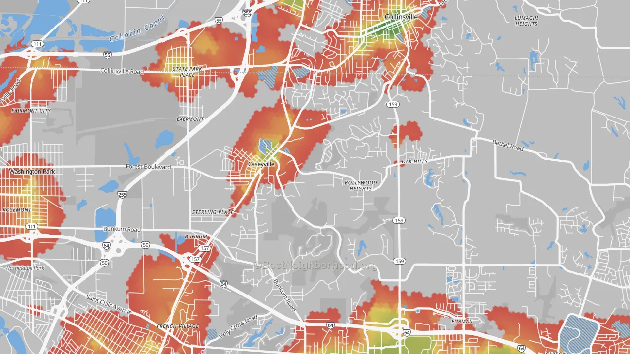 Walk Grade map of 62232, IL, walkable areas in green and car-dependent areas in red