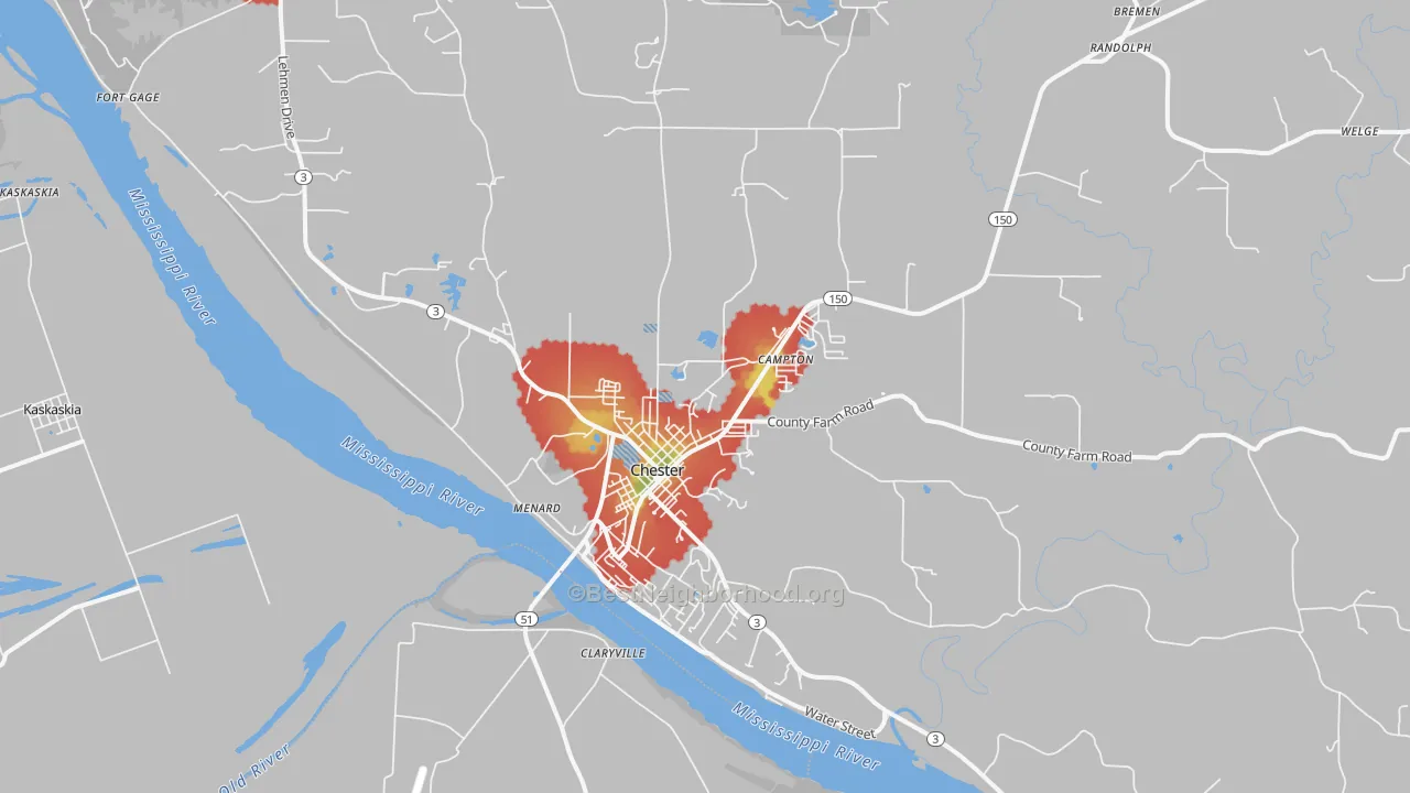 Walk Grade map of 62233, IL, walkable areas in green and car-dependent areas in red