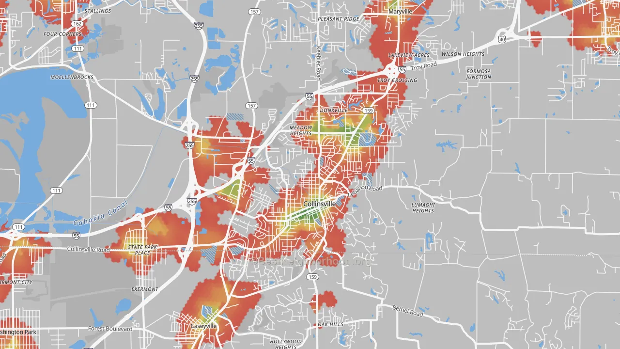 Walk Grade map of 62234, IL, walkable areas in green and car-dependent areas in red