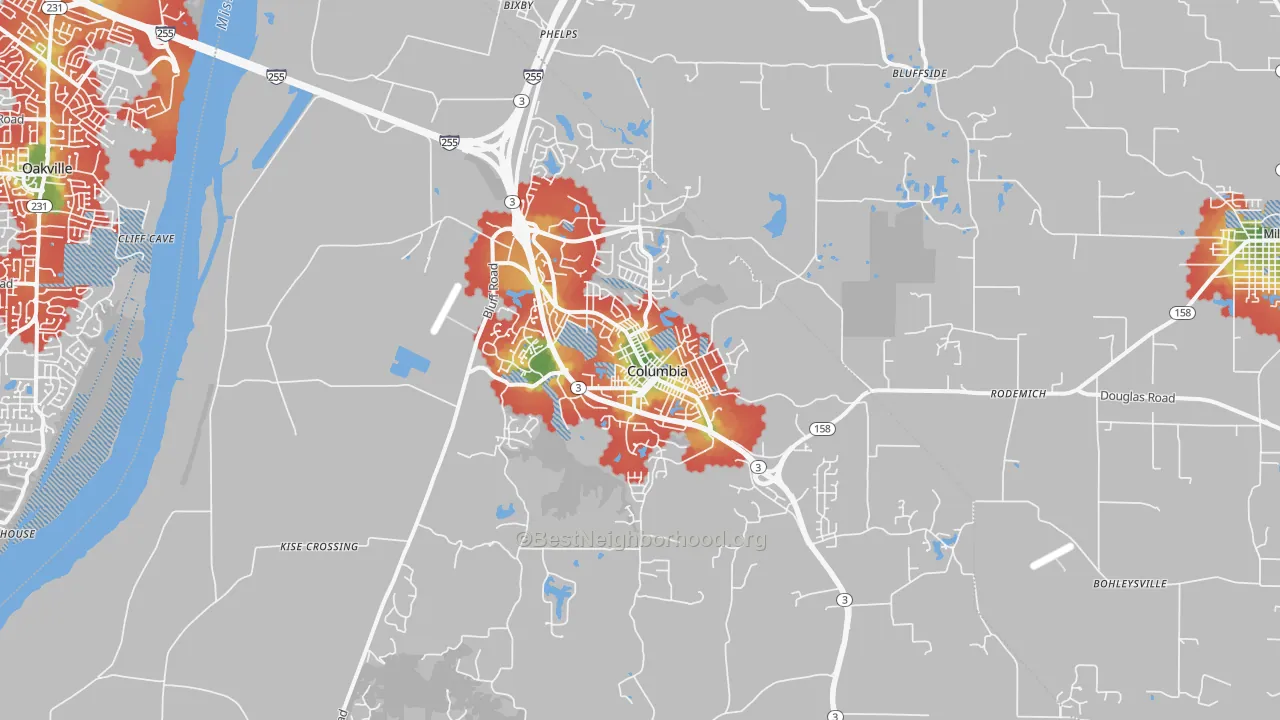 Walk Grade map of 62236, IL, walkable areas in green and car-dependent areas in red