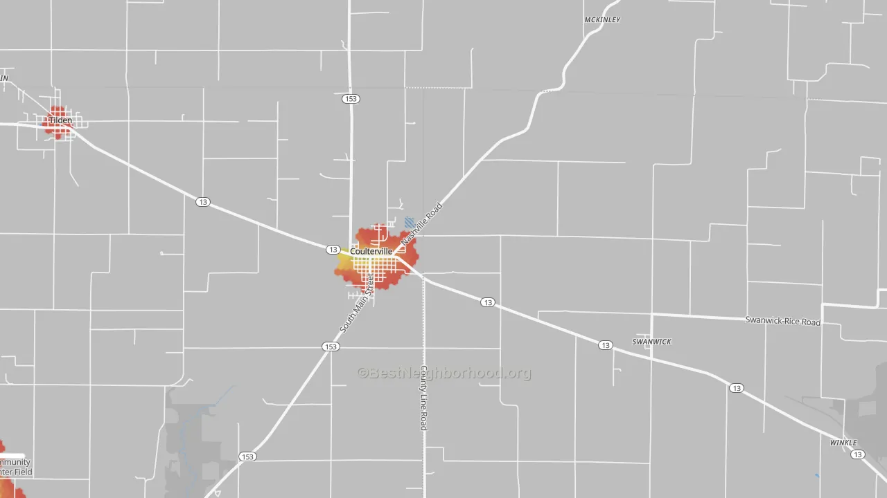 Walk Grade map of 62237, IL, walkable areas in green and car-dependent areas in red