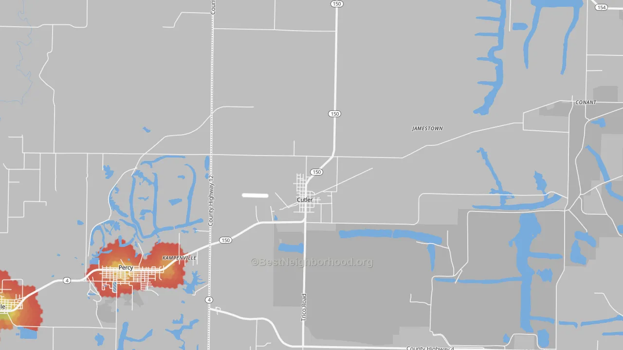 Walk Grade map of 62238, IL, walkable areas in green and car-dependent areas in red