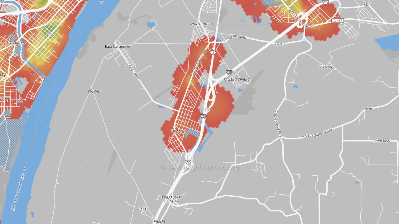 Walk Grade map of 62239, IL, walkable areas in green and car-dependent areas in red