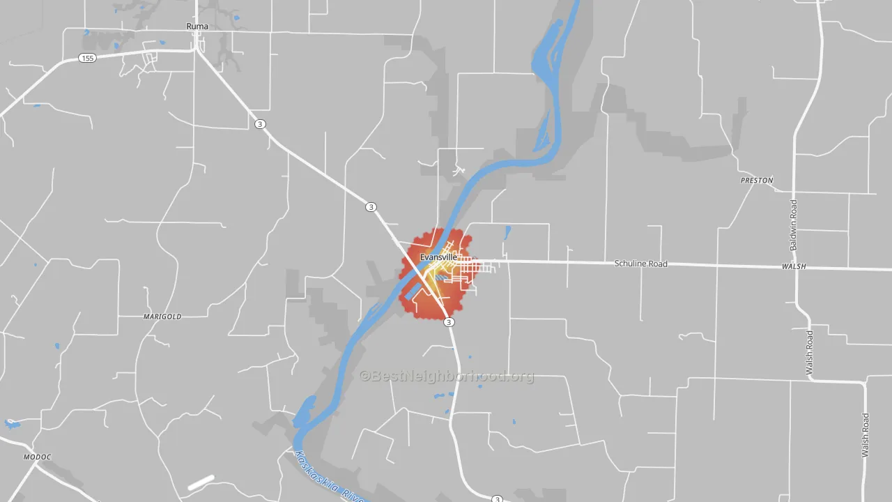 Walk Grade map of 62242, IL, walkable areas in green and car-dependent areas in red