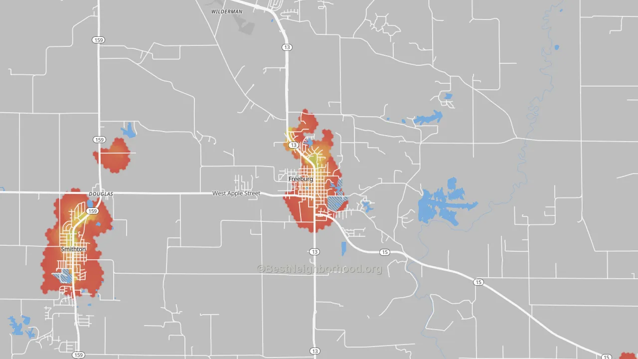 Walk Grade map of 62243, IL, walkable areas in green and car-dependent areas in red