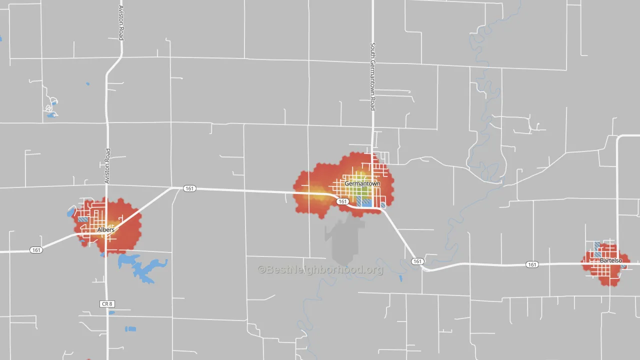 Walk Grade map of 62245, IL, walkable areas in green and car-dependent areas in red