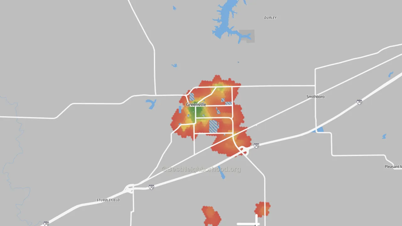 Walk Grade map of 62246, IL, walkable areas in green and car-dependent areas in red