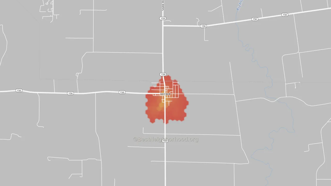 Walk Grade map of 62248, IL, walkable areas in green and car-dependent areas in red