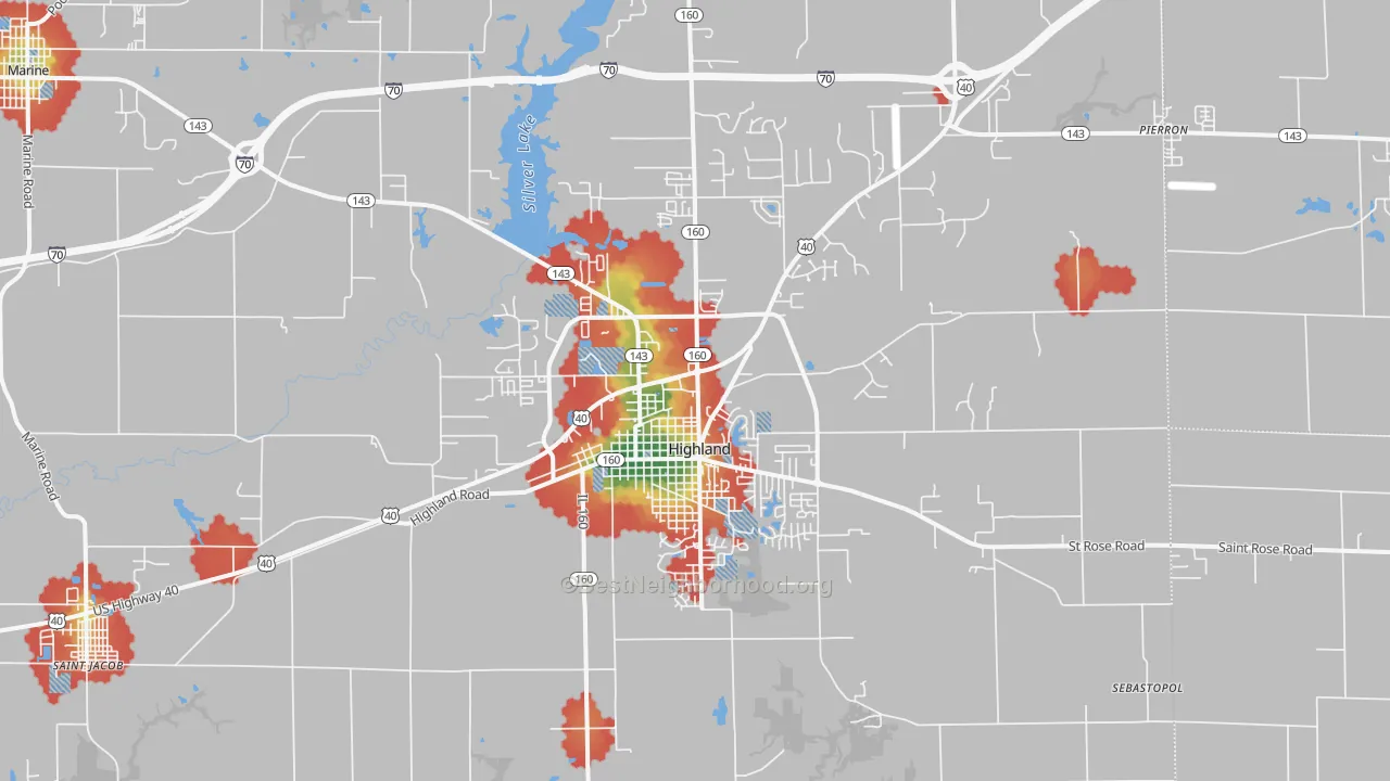 Walk Grade map of 62249, IL, walkable areas in green and car-dependent areas in red
