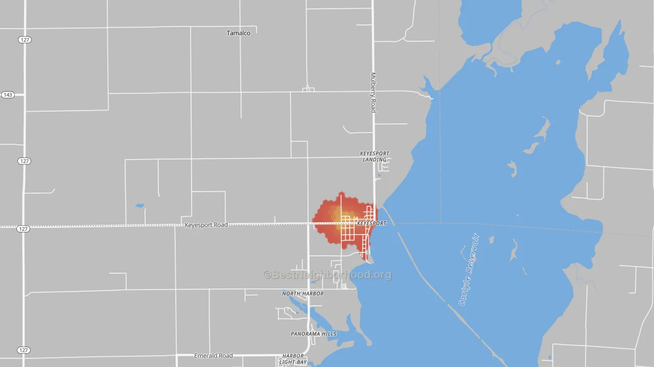 Walk Grade map of 62253, IL, walkable areas in green and car-dependent areas in red