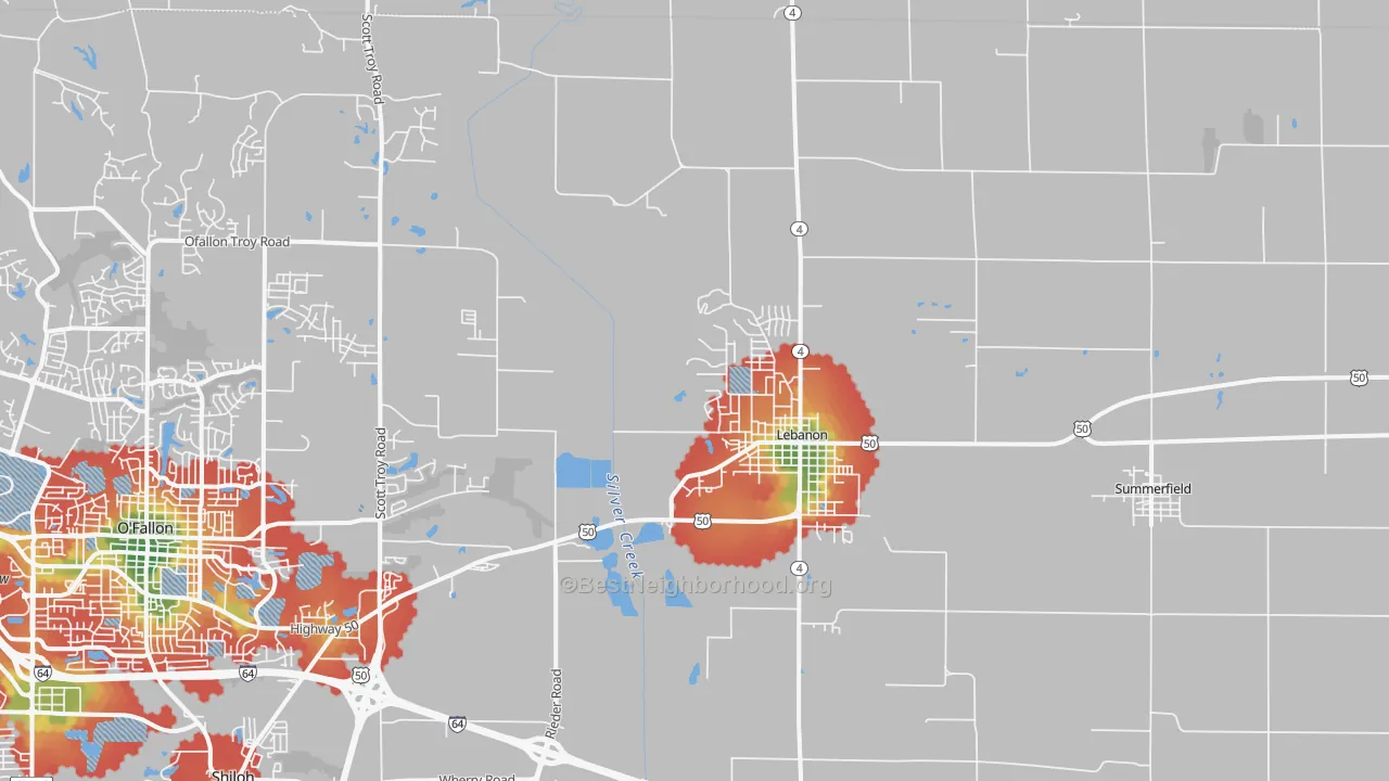 Walk Grade map of 62254, IL, walkable areas in green and car-dependent areas in red