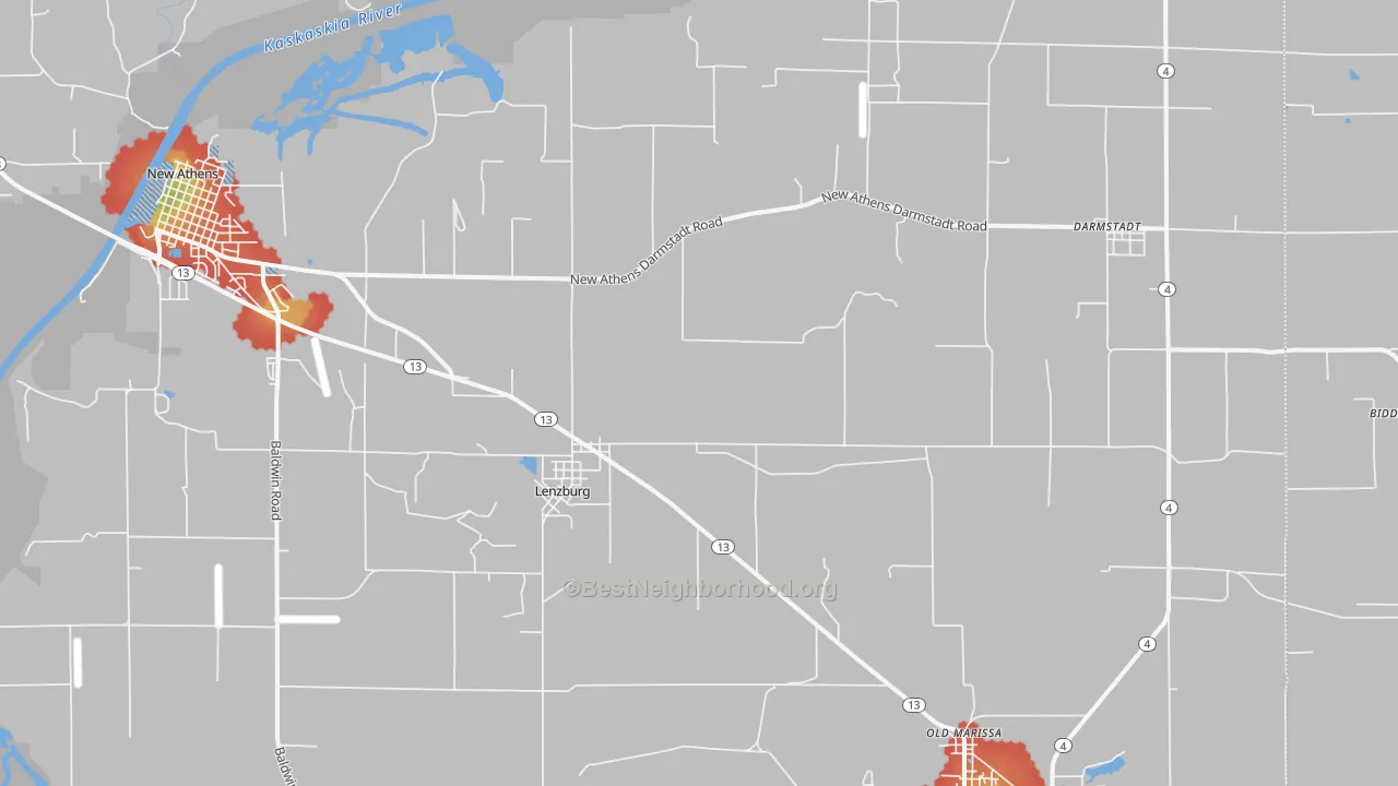 Walk Grade map of 62255, IL, walkable areas in green and car-dependent areas in red