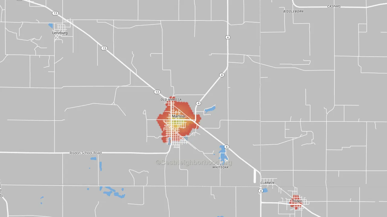 Walk Grade map of 62257, IL, walkable areas in green and car-dependent areas in red