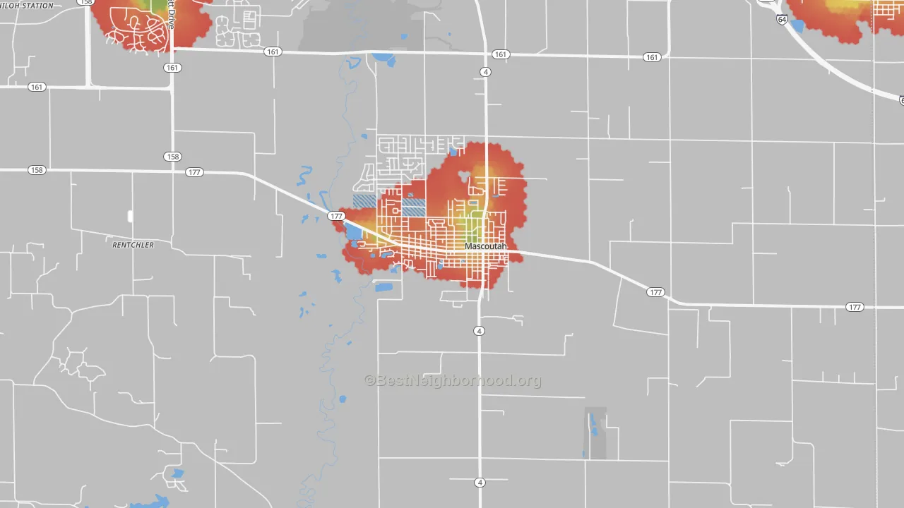 Walk Grade map of 62258, IL, walkable areas in green and car-dependent areas in red