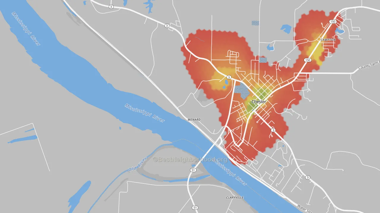 Walk Grade map of 62259, IL, walkable areas in green and car-dependent areas in red
