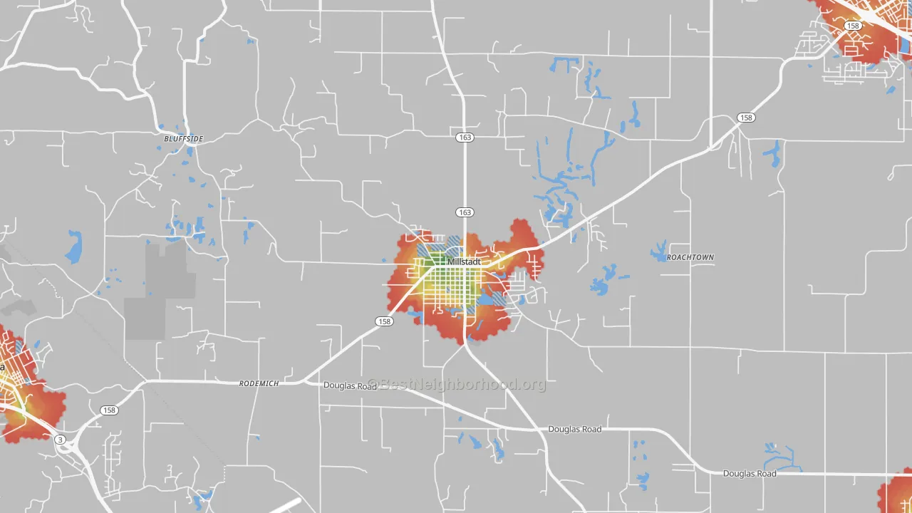 Walk Grade map of 62260, IL, walkable areas in green and car-dependent areas in red