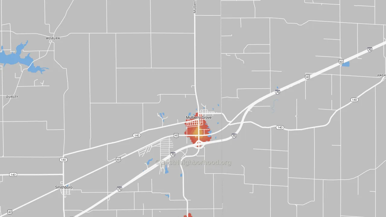 Walk Grade map of 62262, IL, walkable areas in green and car-dependent areas in red