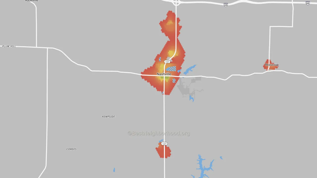 Walk Grade map of 62263, IL, walkable areas in green and car-dependent areas in red