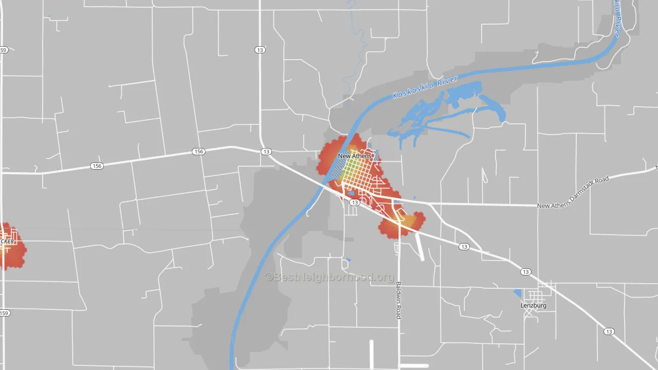 Walk Grade map of 62264, IL, walkable areas in green and car-dependent areas in red