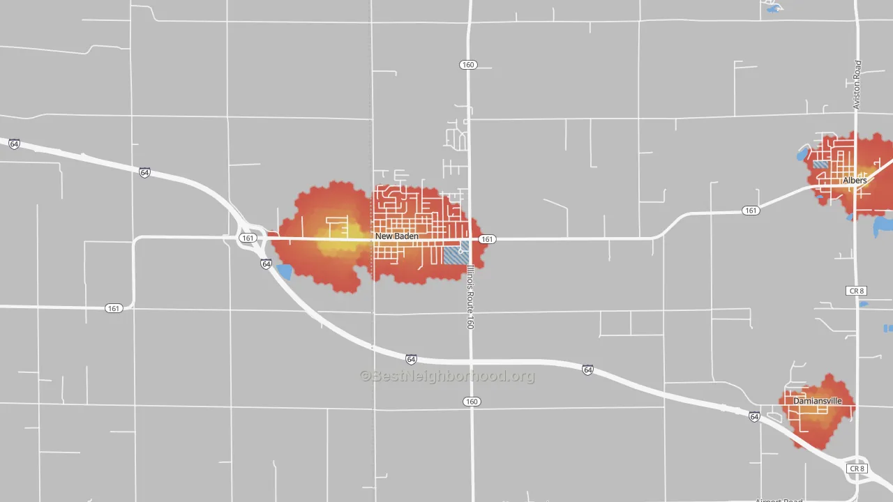 Walk Grade map of 62265, IL, walkable areas in green and car-dependent areas in red